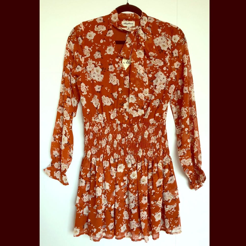 Floral tie neck smocked waist tiered skirt dress